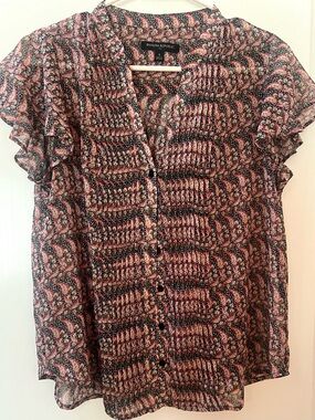 Banana Republic Pink and Black Printed Ruffle-Sleeve Blouse